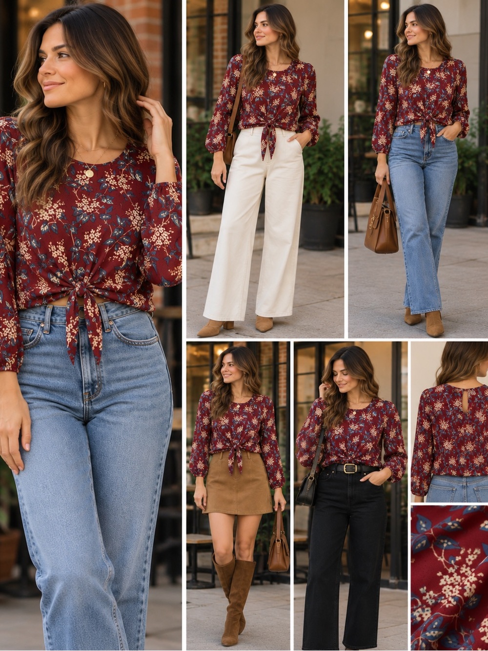 Madewell Burgundy Floral Tie-Front Blouse